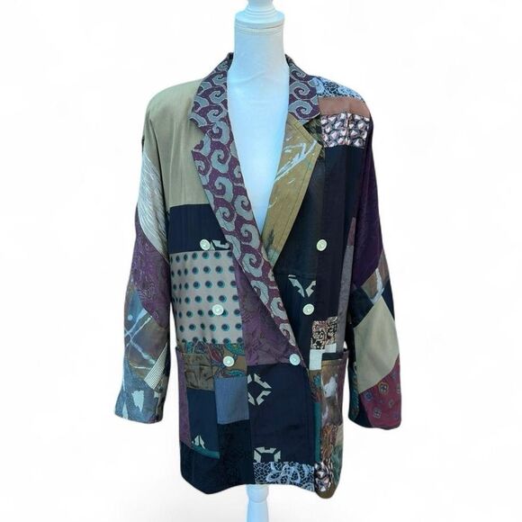 Donna Jessica Patchwork Blazer Jacket Womens Size 1 Silk Blend Artwear Boho VTG - Picture 1 of 6